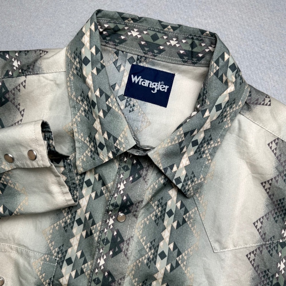 Wrangler Western Snap Shirt Mens XL Green Aztec Geometric Long Sleeve Pearl Snap